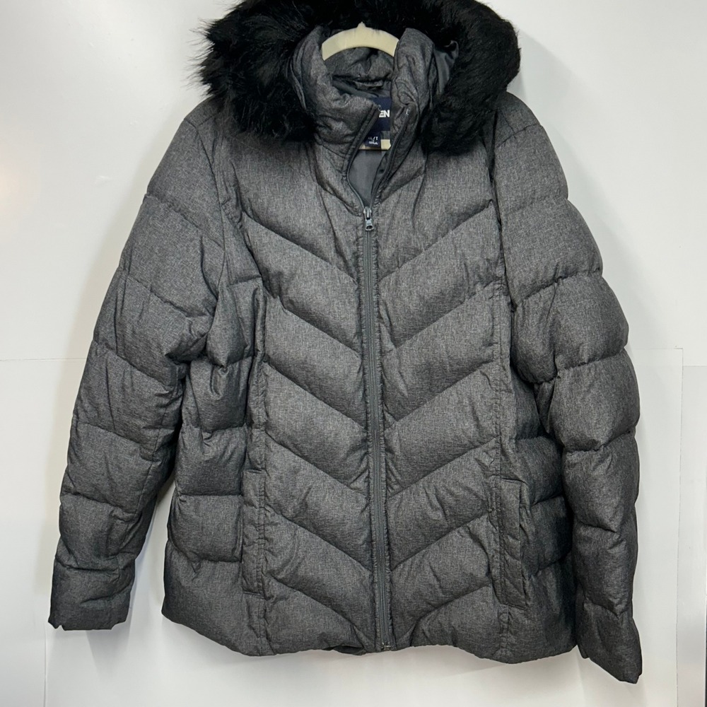 Lands' End XL/T Gray Down Puffer Jacket Faux Fur Hood Down Winter Parka Outdoor